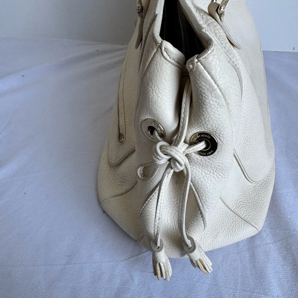 Kate Spade New York Deco large‎ pebbled leather satchel cream green lining rope